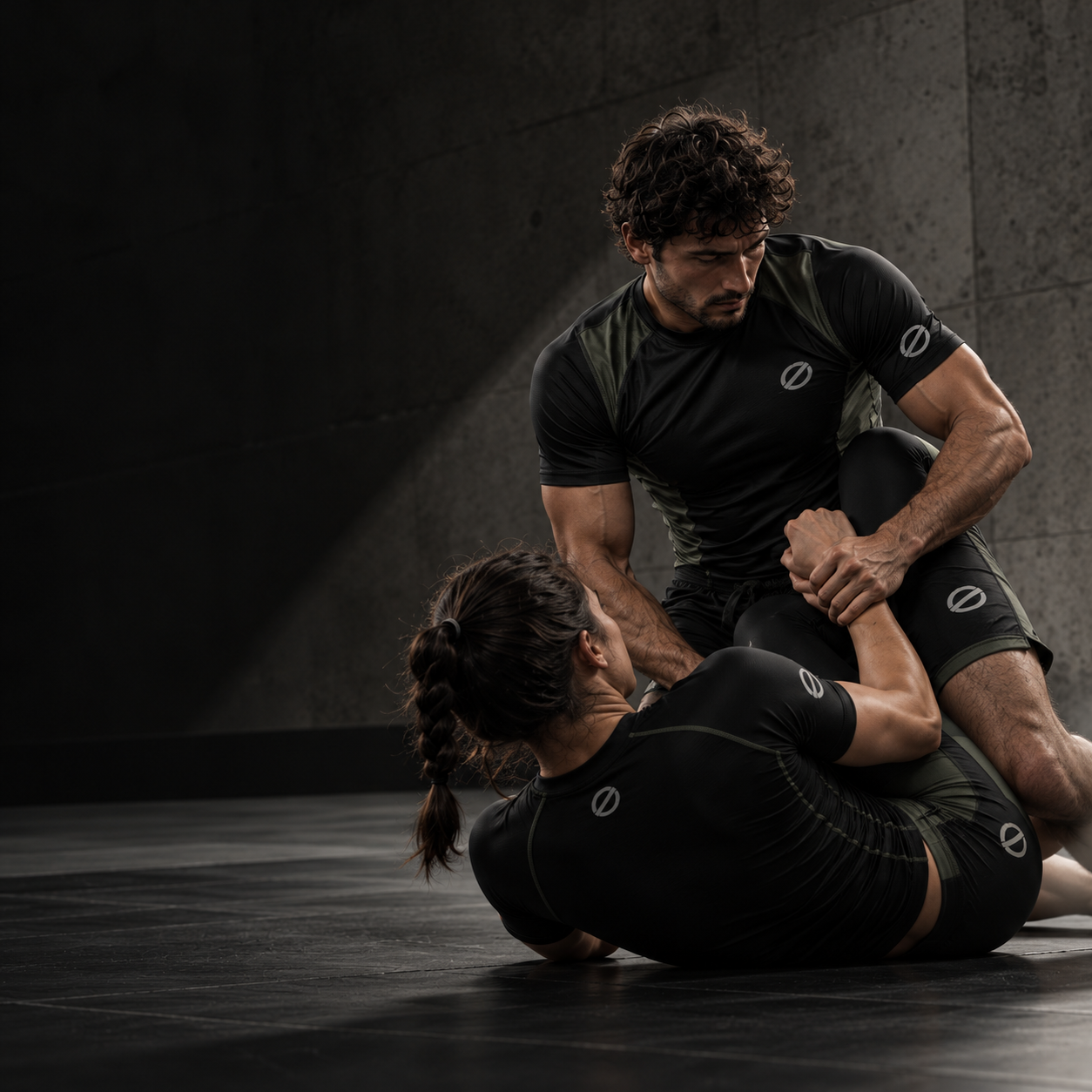 Dos practicantes entrenando jiu-jitsu sin kimono