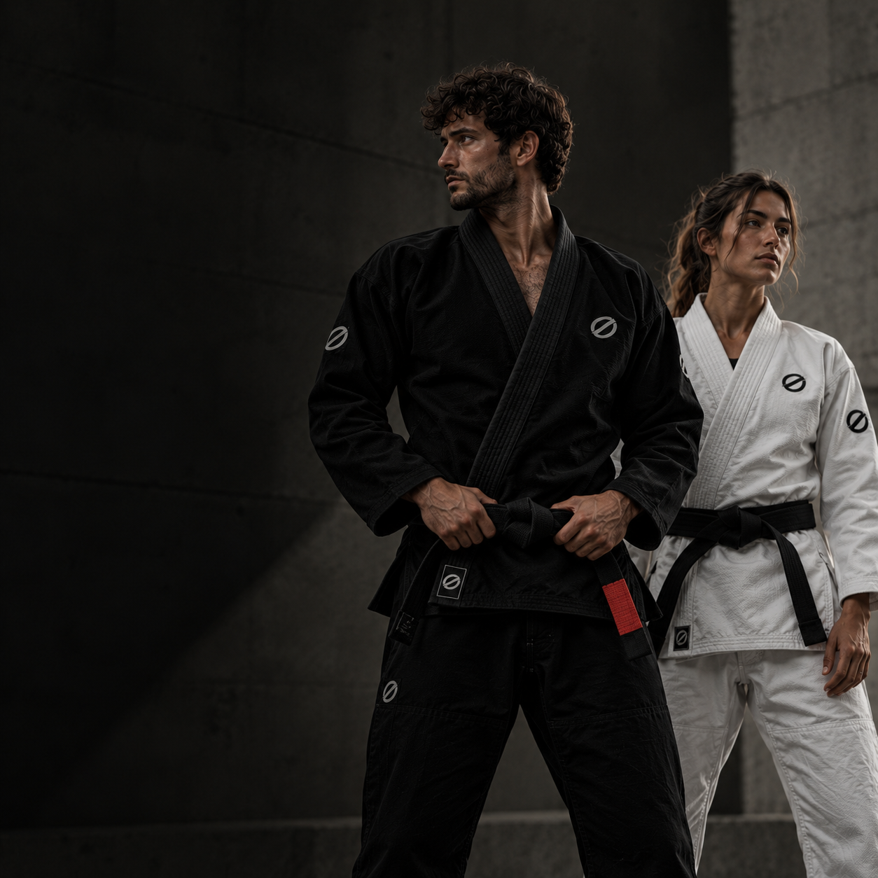 Practicantes de Brazilian Jiu-Jitsu con kimonos negro y blanco